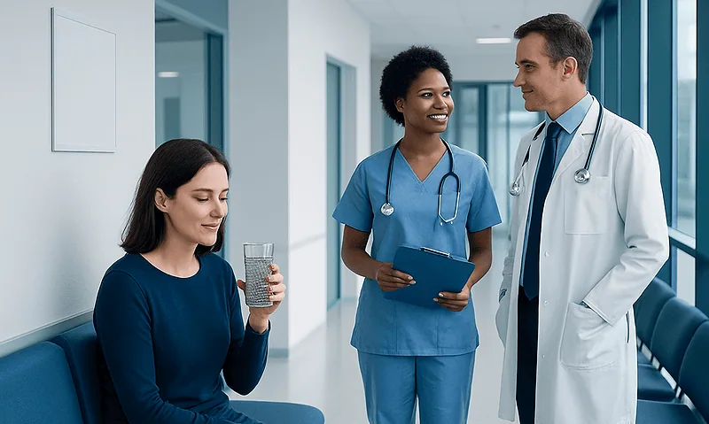 Patient drinking water with healthcare professionals in hospital corridor.