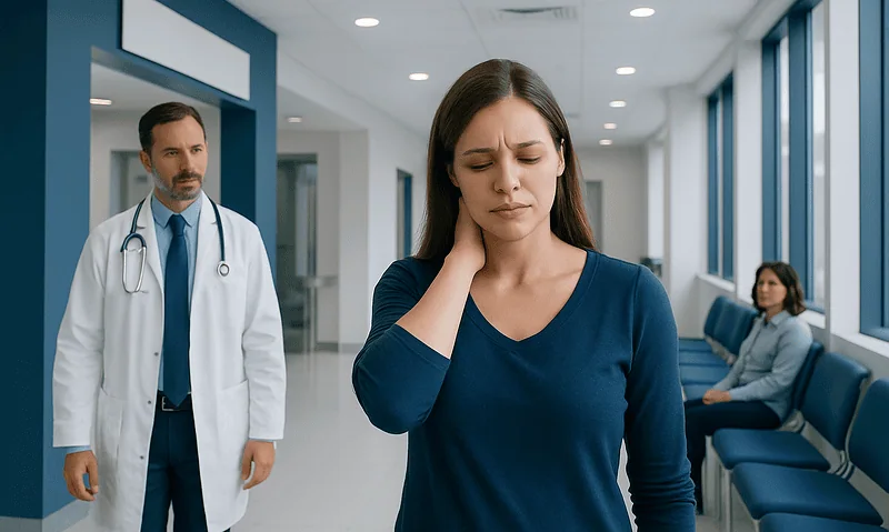 Woman experiencing neck pain in a hospital corridor with doctors and patients nearby.