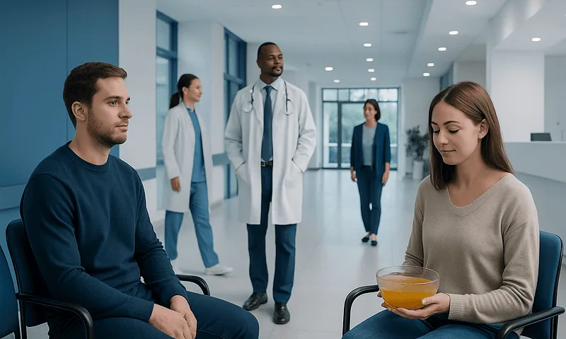 Patients waiting in a hospital corridor with medical staff in the background.