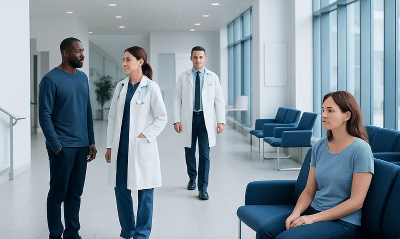 Medical professionals and patient in hospital corridor.