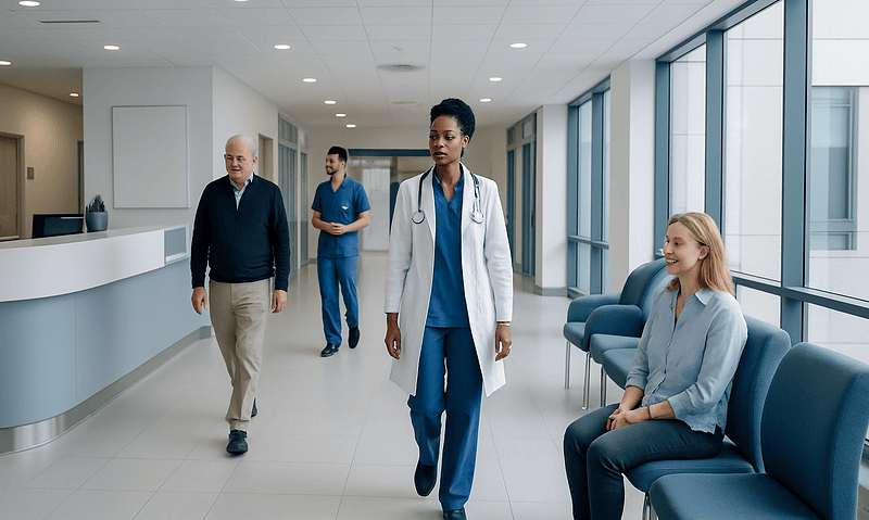 Healthcare professionals and patient in a modern hospital corridor.