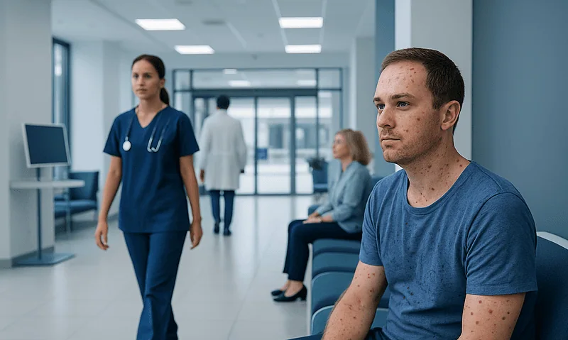 Young man with chicken pox symptoms in a hospital waiting area.