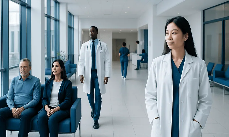Medical team in hospital corridor with patients waiting.