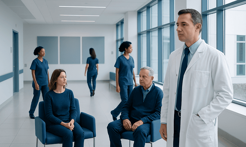 Doctor consulting with elderly patients in hospital corridor.