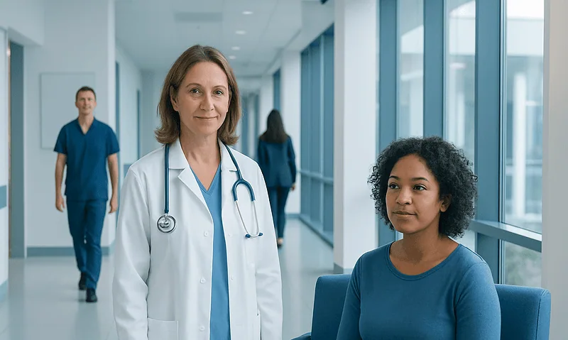 Doctor consulting a patient in a modern hospital corridor.
