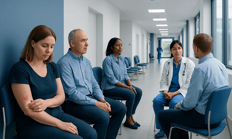 Patients waiting in a hospital corridor for medical consultation.