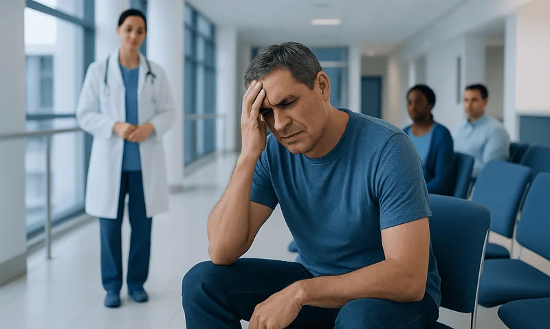 Man with headache sitting in hospital waiting area with doctor nearby.
