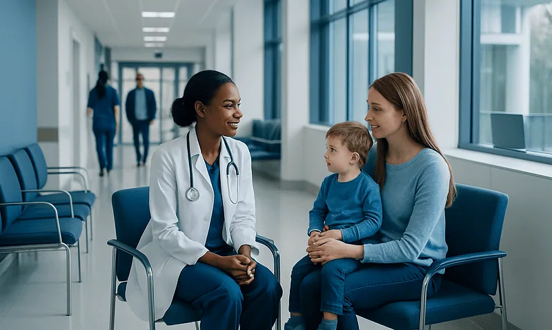 Doctor talking to mother and child in hospital corridor.