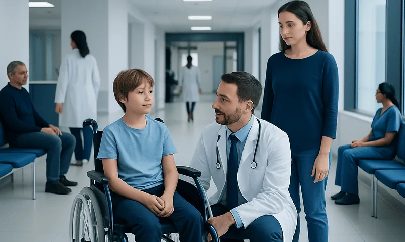 Pediatric doctor consulting a young boy in wheelchair at hospital.