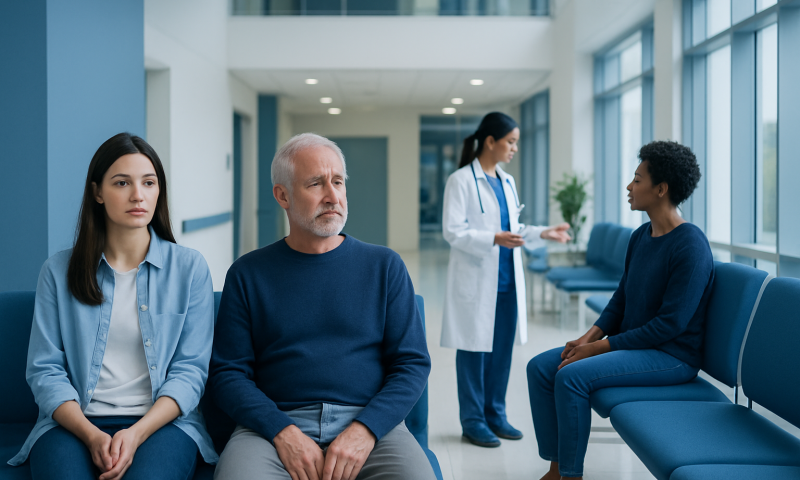Chillness in hands and feet: Common Causes, Warning Signs, and When to Worry 1 Patients waiting in a hospital corridor for medical consultation.