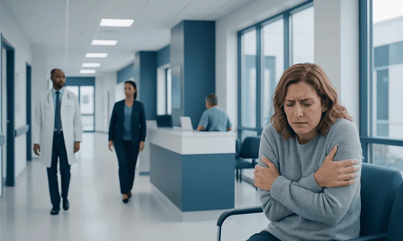 Patient with shoulder pain in hospital corridor.