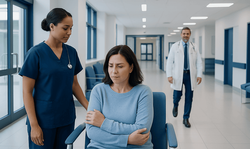 Medical staff assisting a patient in a hospital corridor.