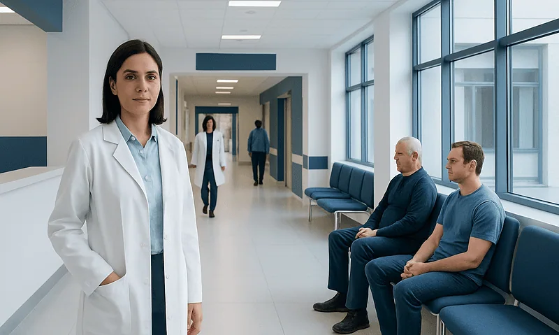 Medical staff and patients in a modern hospital corridor.