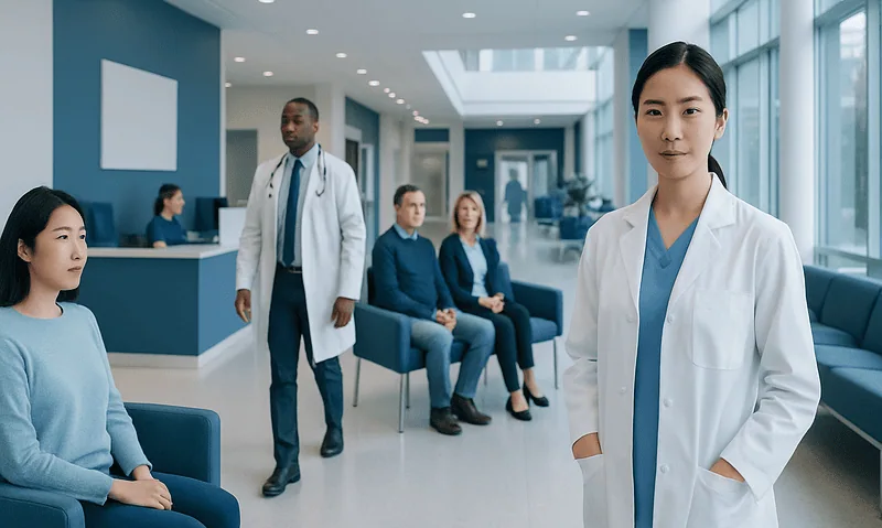Medical team and patients in a modern hospital waiting area.