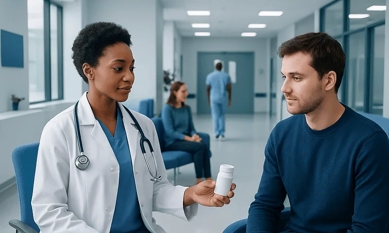 Doctor explaining medication to a patient in a hospital corridor.