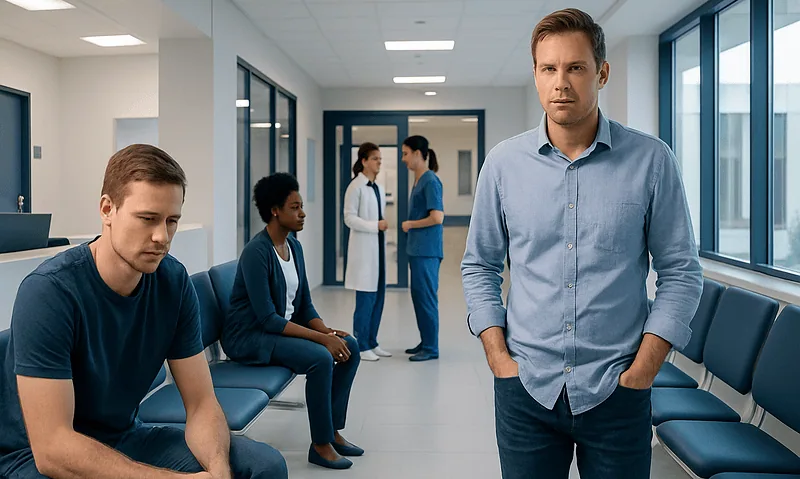 Patients waiting in a hospital corridor with a doctor in the background.