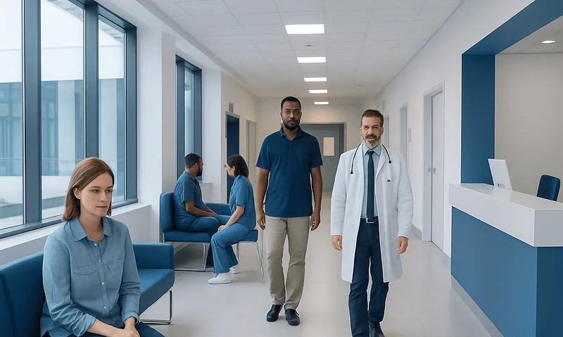 Medical staff and patients in a modern hospital corridor.