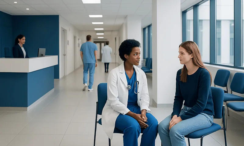 Doctor consulting with a patient in a modern hospital corridor.