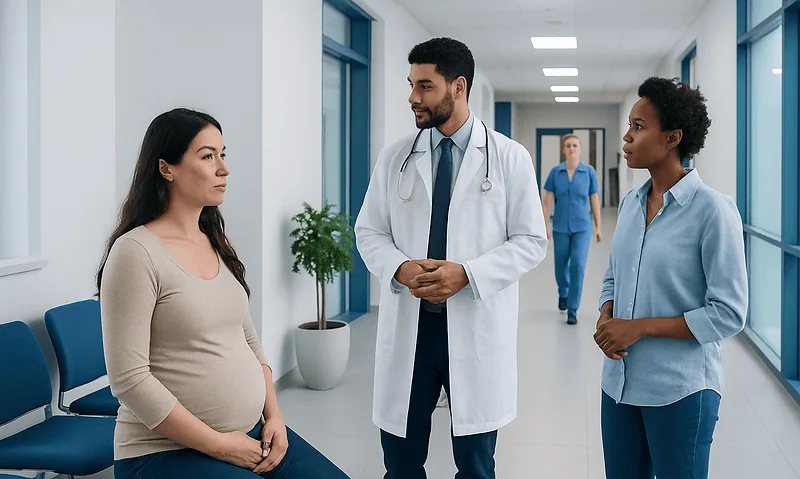 Doctor consulting pregnant woman in hospital corridor.