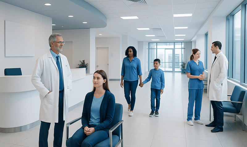 Medical team and patient in hospital corridor at Acibadem Hospitals Group.