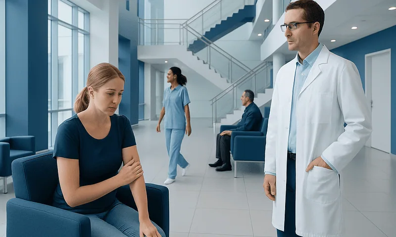 Patient consulting with doctor in hospital lobby.