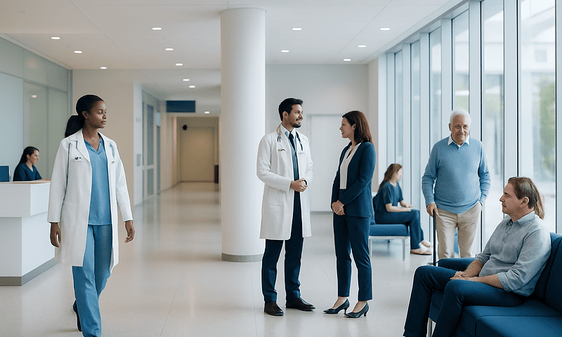Medical staff and patients in a modern hospital corridor.