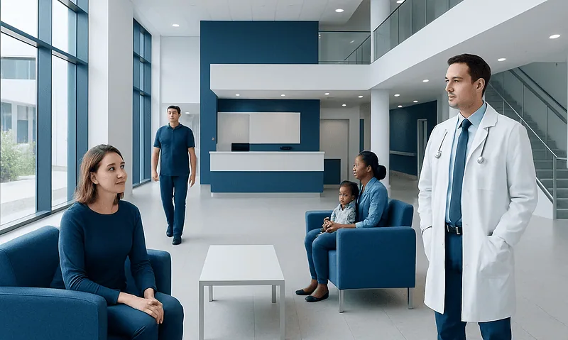 Hospital waiting area with patients and doctor at Acibadem Hospitals Group.