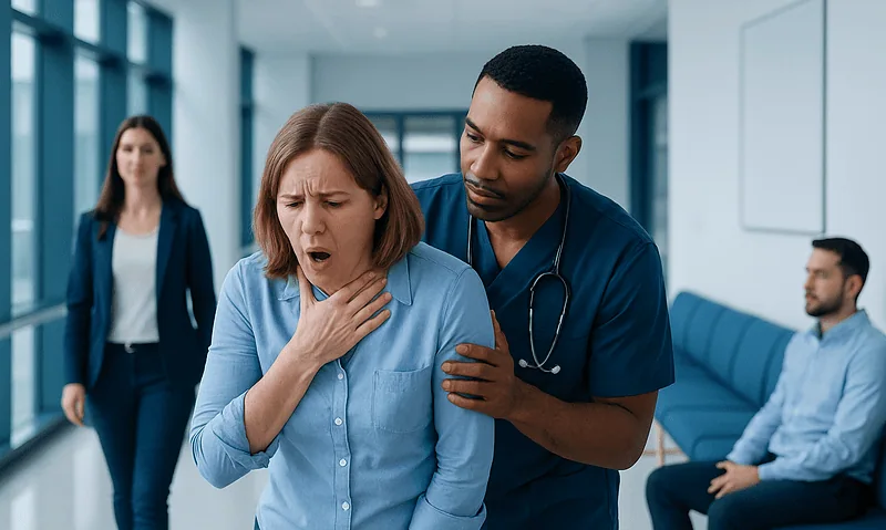 Medical professional assisting a woman with choking in a hospital corridor.