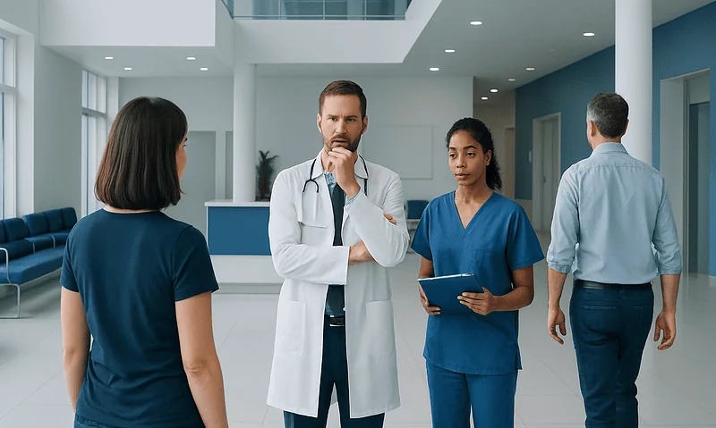 Medical team discussing patient care in hospital corridor.