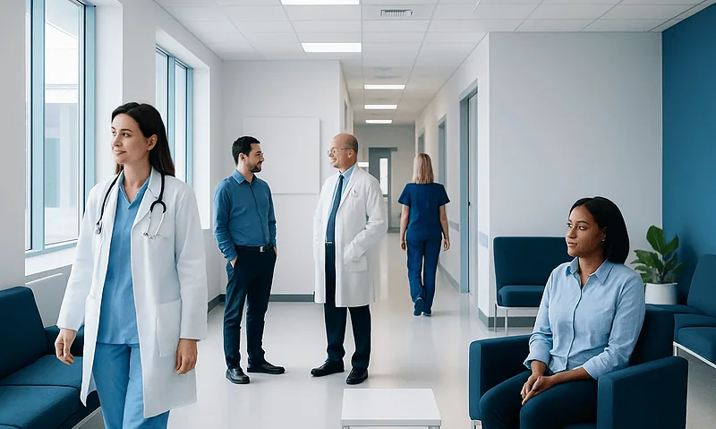 Medical professionals and patient in a hospital corridor at Acibadem Hospitals Group.