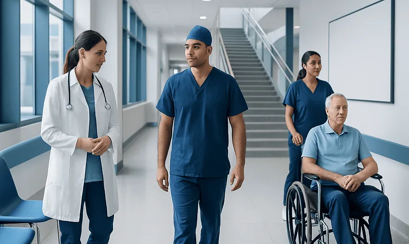 Medical team with patient in hospital corridor at Acibadem Hospitals Group.