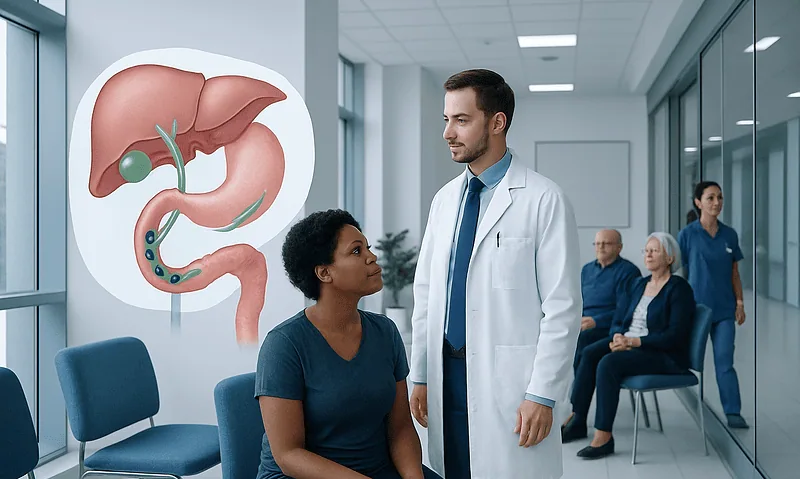 Choledocholithiasis — Explained by Medical Evidence, Not Myths 11 Doctor consulting patient about gallbladder and bile duct health in clinic.