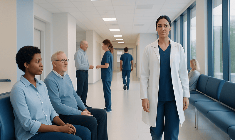 Medical professionals and patients in a hospital corridor.