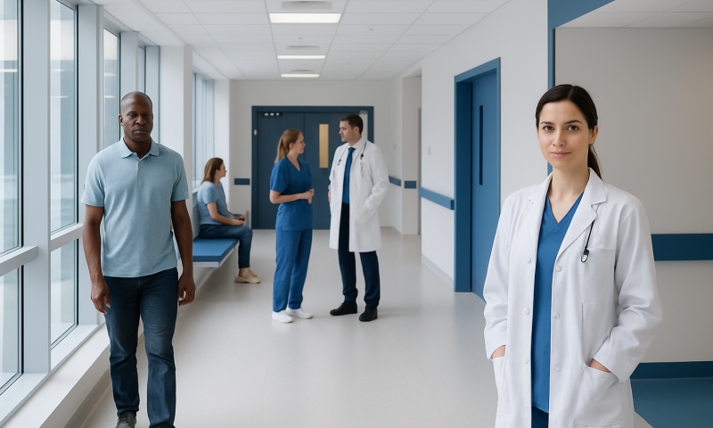Healthcare professionals and patients in a modern hospital corridor.