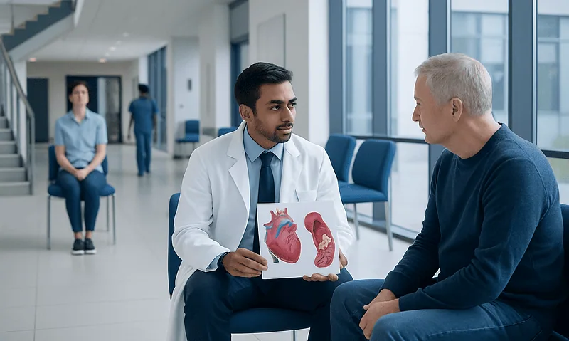 Cardiologist explaining heart health to patient in hospital corridor.