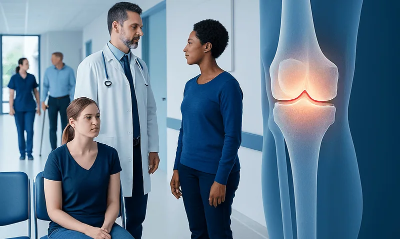 Doctor consulting with a patient about knee pain in a hospital corridor.