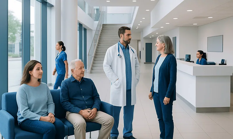 Medical consultation at Acibadem Hospital with doctor and patients in waiting area.