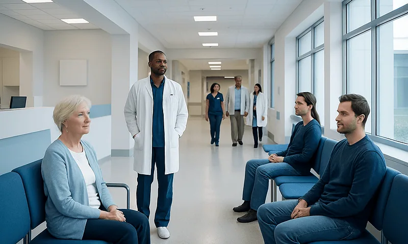 Medical consultation in a modern hospital corridor with diverse patients and staff.