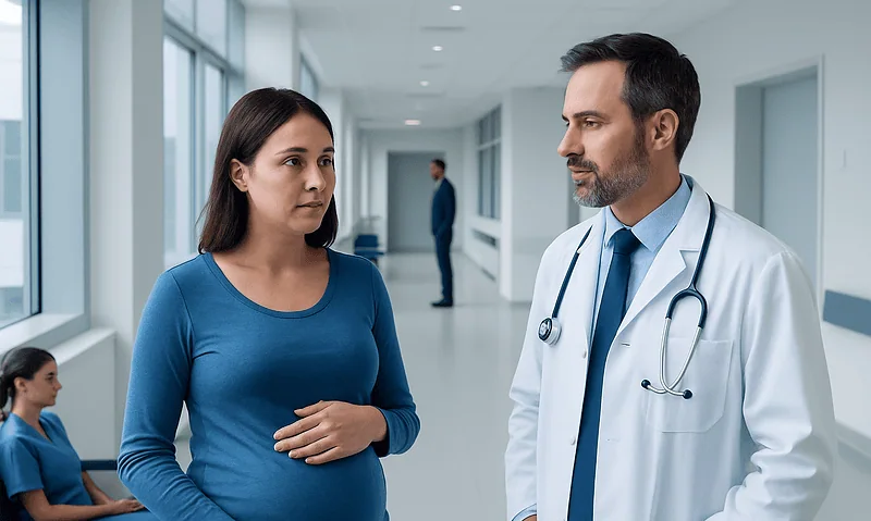 Doctor talking to pregnant woman in hospital corridor.