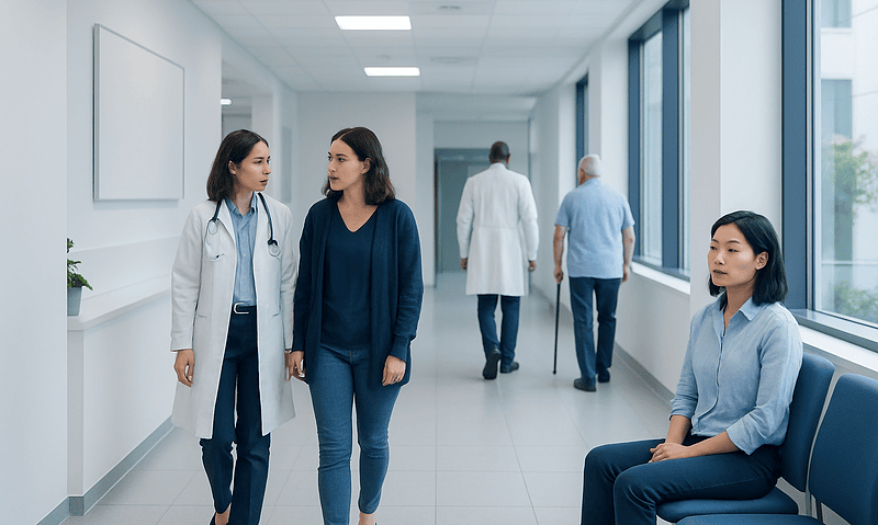 Choriocarcinoma: Common Causes, Warning Signs, and When to Worry 6 Medical professionals and patient in hospital corridor at Acibadem Hospitals Group.