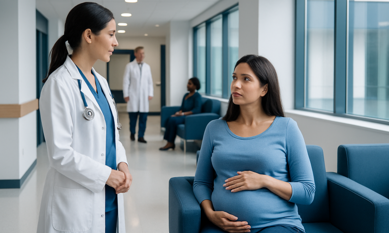 Pregnant woman consulting with a doctor in a hospital corridor.