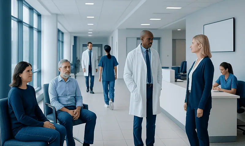 Medical professionals and patients in a modern hospital waiting area.
