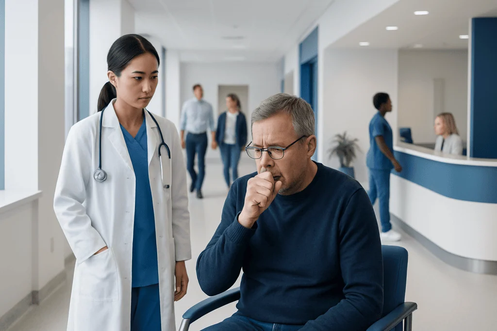 Chronic Bronchitis: Early Signs, Risk Factors, and How It Is Treated 1 Patient coughing in hospital with nurse nearby.