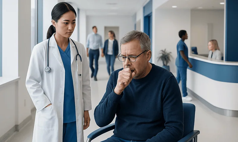 Patient coughing in hospital with nurse nearby.