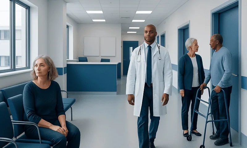 Healthcare professionals and patients in a hospital corridor.