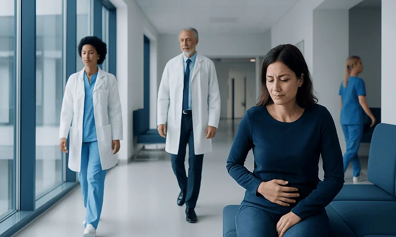 Patient experiencing abdominal pain in hospital corridor with medical staff nearby.