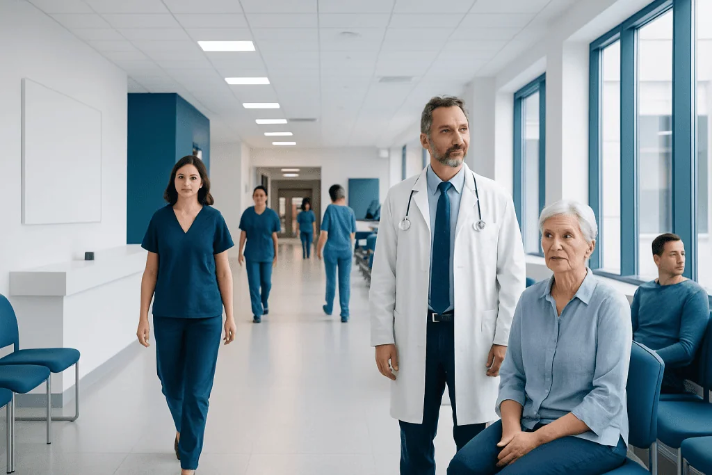 Living With Chronic Double Vision: Day-to-Day Tips and Treatment Options 1 Medical team and patient in a modern hospital corridor.