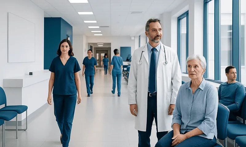 Medical team and patient in a modern hospital corridor.