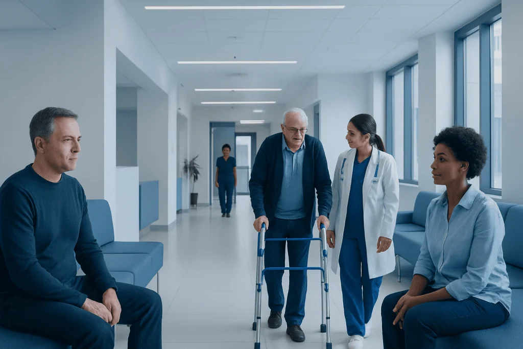 Chronic Inflammation: What Patients Need to Know 1 Hospital corridor with patients and medical staff engaging in consultation.