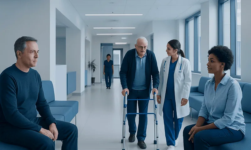 Hospital corridor with patients and medical staff engaging in consultation.
